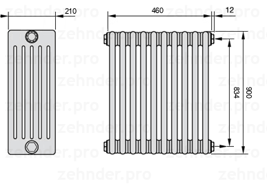 Схема (чертеж) Радиатор Zehnder Charleston 6090/10 №7610 Белый глянцевый RAL 9016